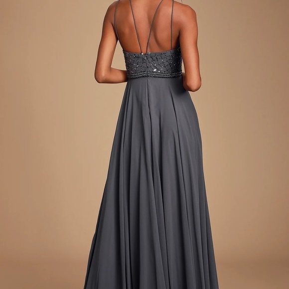 FOREVER IN LOVE Charcoal Grey Sequin Sleeveless Maxi Dress - Size US 6 - Picture 3 of 11